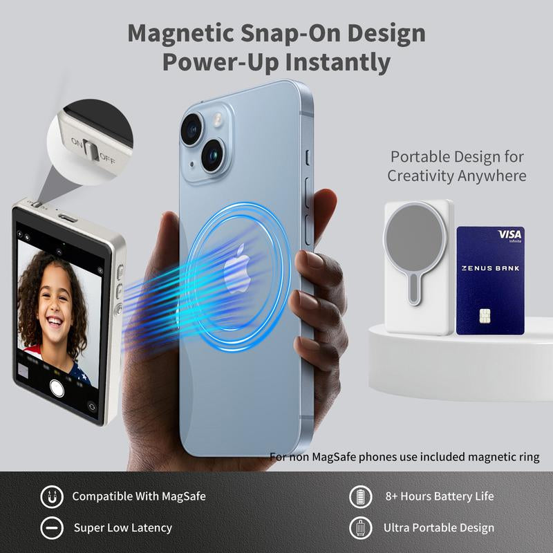 Omnimaster Phone Vlog Selfie Wireless Monitor Screen, Magnetic Mount for Magsafe, Rear Camera for Selfie Vlog Live Stream, Iphone & Android Compatible