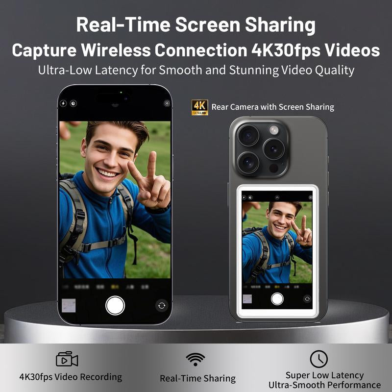 Omnimaster Phone Vlog Selfie Wireless Monitor Screen, Magnetic Mount for Magsafe, Rear Camera for Selfie Vlog Live Stream, Iphone & Android Compatible