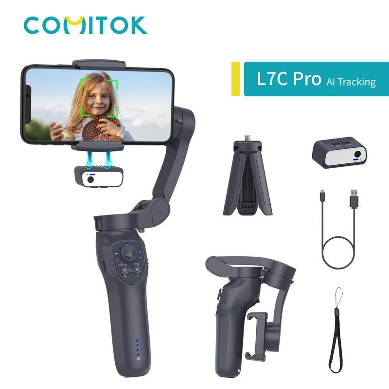 Comitok L7C PRO 3-Axis Smartphone Gimbal Stabilizer for Video Recording with Face/Object Tracking, Compatible with iPhone 14/13/12/11 Pro Max and Android Devices, Includes Selfie Holder and Camera Stabilization Kit