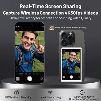 Omnimaster Phone Vlog Selfie Wireless Monitor Screen, Magnetic Mount for Magsafe, Rear Camera for Selfie Vlog Live Stream, Iphone & Android Compatible